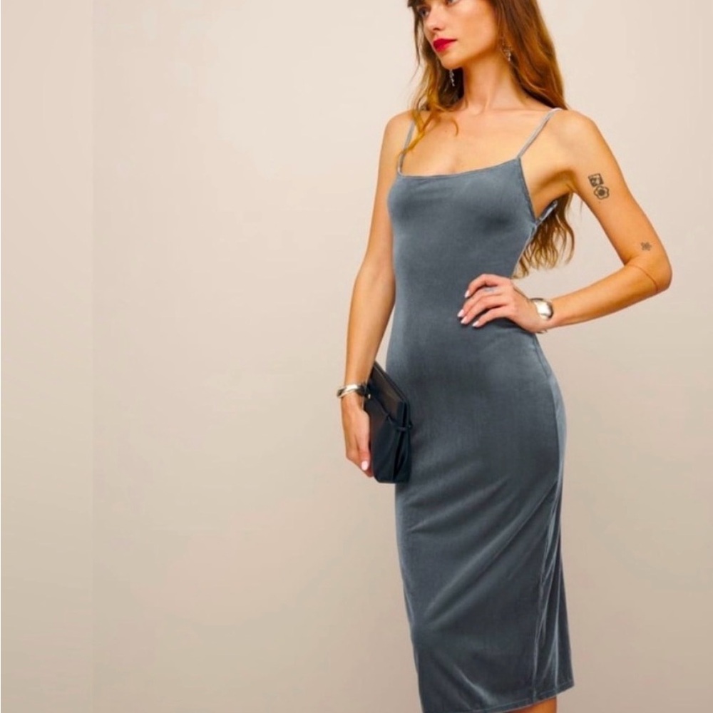 Reformation Slate Blue Spaghetti Strap Midi Dress